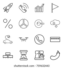 Thin line icon set : rocket, call, diagram, flag, percent, cell corection, cloude service, electric car, drone, phone, bunker, block wall, sand clock, coffee maker, eggplant