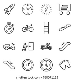 Thin line icon set : rocket, clock, lightning, delivery, stopwatch, bike, stairs, scooter shipping, courier, motorcycle, escalator, barometer, watch, horse