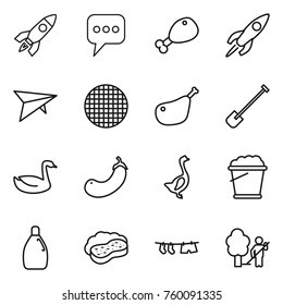 Thin line icon set : rocket, message, chicken leg, deltaplane, sieve, shovel, goose, eggplant, foam bucket, cleanser, sponge with, drying clothe, garden cleaning