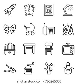 Thin line icon set : rocket, alarm clock, abacus, table lamp, bow, baby stroller, phone, disco ball, dresser, stool, chair, tv, walnut crack, hand mill, windmill, apron