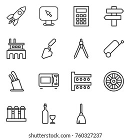 Thin line icon set : rocket, monitor arrow, calculator, singlepost, factory, construction, drawing compasses, suitcase, stands for knives, microwave oven, watering, wheel, grain elevator, wine