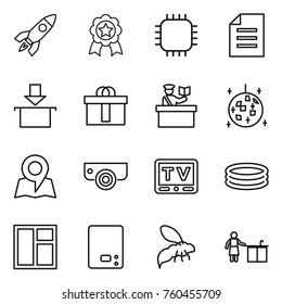 Thin line icon set : rocket, medal, chip, document, package, hi quality, inspector, disco ball, map, surveillance camera, tv, inflatable pool, window, kitchen scales, wasp, cleaning