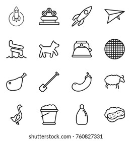 Thin line icon set : rocket, flower bed, deltaplane, aquapark, dog, kettle, sieve, chicken leg, shovel, eggplant, sheep, goose, foam bucket, cleanser, sponge with