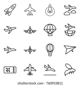 Thin line icon set : rocket, plane, journey, parachute delivery, shipping, air ballon, deltaplane, ticket, airplane, arrival, wasp