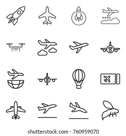 Thin line icon set : rocket, plane, weather management, drone, journey, shipping, air ballon, ticket, airplane, departure, arrival, wasp