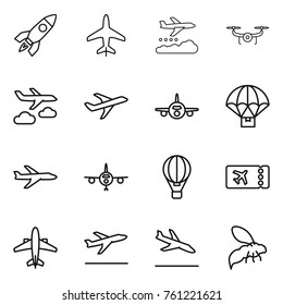 Thin line icon set : rocket, plane, weather management, drone, journey, parachute delivery, air ballon, ticket, airplane, departure, arrival, wasp