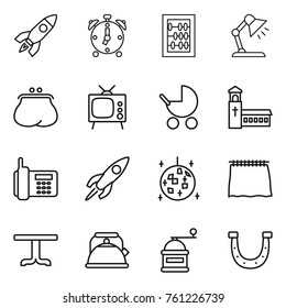 Thin line icon set : rocket, alarm clock, abacus, table lamp, purse, tv, baby stroller, church, phone, disco ball, curtain, kettle, hand mill, horseshoe