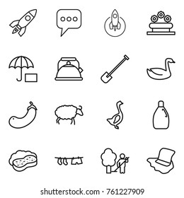 Thin line icon set : rocket, message, flower bed, insurance, kettle, shovel, goose, eggplant, sheep, cleanser, sponge with foam, drying clothe, garden cleaning, floor washing