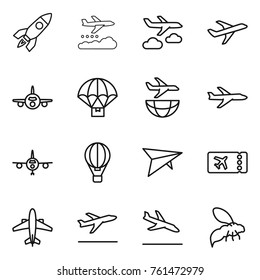 Thin line icon set : rocket, weather management, journey, plane, parachute delivery, shipping, air ballon, deltaplane, ticket, airplane, departure, arrival, wasp