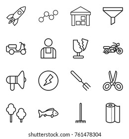 Thin line icon set : rocket, graph, warehouse, funnel, scooter shipping, workman, broken, motorcycle, loudspeaker, electricity, big fork, scissors, trees, fish, rake, paper towel