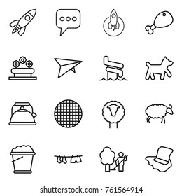 Thin line icon set : rocket, message, chicken leg, flower bed, deltaplane, aquapark, dog, kettle, sieve, sheep, foam bucket, drying clothe, garden cleaning, floor washing