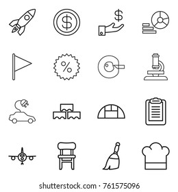 Thin line icon set : rocket, dollar, investment, diagram, flag, percent, cell corection, microscope, electric car, block wall, greenhouse, clipboard, plane, chair, broom, cook hat