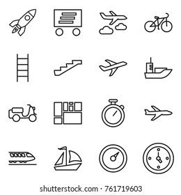 Thin line icon set : rocket, delivery, journey, bike, stairs, plane, sea shipping, scooter, consolidated cargo, stopwatch, train, sail boat, barometer, watch