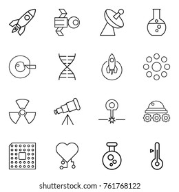 Thin line icon set : rocket, satellite, antenna, round flask, cell corection, dna, around, nuclear, telescope, laser, lunar rover, cpu, cardio chip, chemical, thermometer