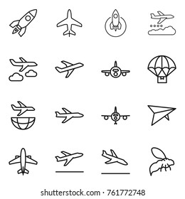 Thin line icon set : rocket, plane, weather management, journey, parachute delivery, shipping, deltaplane, airplane, departure, arrival, wasp