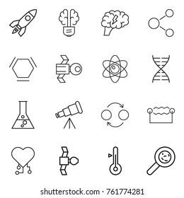 Thin line icon set : rocket, bulb brain, molecule, hex, satellite, atom, dna, flask, telescope, quantum bond, electrostatic, cardio chip, thermometer, viruses