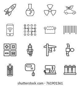 Thin line icon set : rocket, round flask, nuclear, eco car, phone wireless, chip, electrostatic, bar code, calculator, spark plug, tower crane, satellite, remote control, mixer, coffee maker