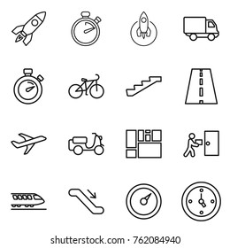 Thin line icon set : rocket, stopwatch, delivery, bike, stairs, road, plane, scooter shipping, consolidated cargo, courier, train, escalator, barometer, watch