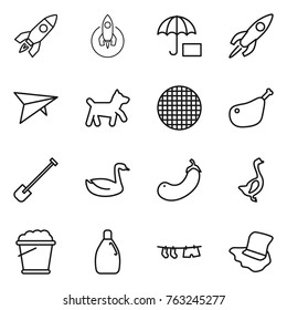 Thin line icon set : rocket, insurance, deltaplane, dog, sieve, chicken leg, shovel, goose, eggplant, foam bucket, cleanser, drying clothe, floor washing