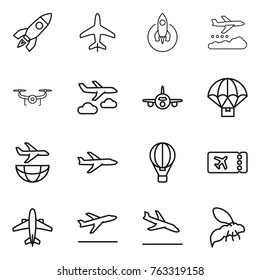 Thin line icon set : rocket, plane, weather management, drone, journey, parachute delivery, shipping, air ballon, ticket, airplane, departure, arrival, wasp