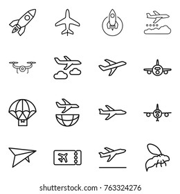 Thin line icon set : rocket, plane, weather management, drone, journey, parachute delivery, shipping,  plane, ticket, departure, wasp