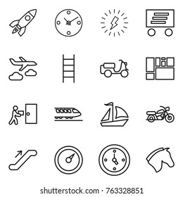 Thin line icon set : rocket, clock, lightning, delivery, journey, stairs, scooter shipping, consolidated cargo, courier, train, sail boat, motorcycle, escalator, barometer, watch, horse