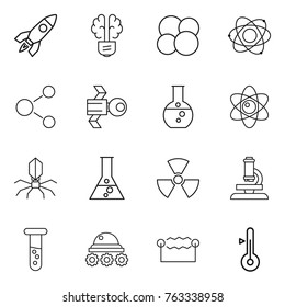 Thin line icon set : rocket, bulb brain, atom core, molecule, satellite, round flask, virus, nuclear, microscope, vial, lunar rover, electrostatic, thermometer