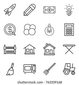 Thin line icon set : rocket, pencil, money, bulb, dollar arrow, atom core, calculator, gothic architecture, home, iron board, broom, microwave oven, fork, tractor