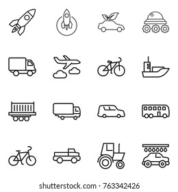 Thin line icon set : rocket, eco car, lunar rover, delivery, journey, bike, sea shipping, truck, bus, pickup, tractor, wash