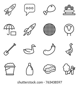 Thin line icon set : rocket, message, chicken leg, flower bed, insurance, sieve, sheep, shovel, goose, eggplant, foam bucket, cleanser, sponge with, garden cleaning