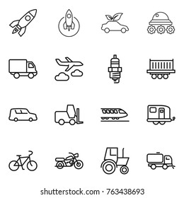 Thin line icon set : rocket, eco car, lunar rover, delivery, journey, spark plug, truck shipping, fork loader, train, trailer, bike, motorcycle, tractor, sweeper