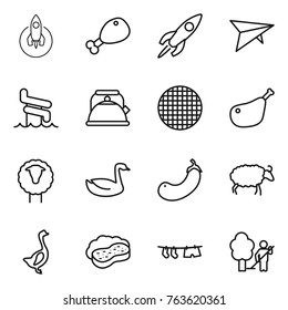 Thin line icon set : rocket, chicken leg, deltaplane, aquapark, kettle, sieve, sheep, goose, eggplant, sponge with foam, drying clothe, garden cleaning