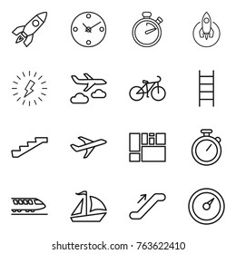 Thin line icon set : rocket, clock, stopwatch, lightning, journey, bike, stairs, plane, consolidated cargo, train, sail boat, escalator, barometer