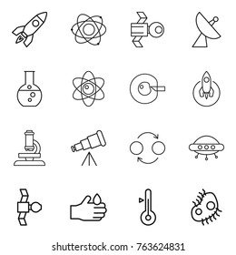 Thin line icon set : rocket, atom, satellite, antenna, round flask, cell corection, microscope, telescope, quantum bond, ufo, acid, thermometer, microb