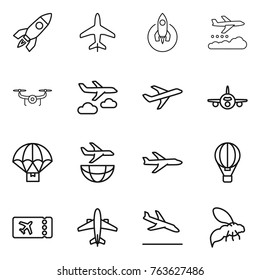 Thin line icon set : rocket, plane, weather management, drone, journey, parachute delivery, shipping, air ballon, ticket, airplane, arrival, wasp