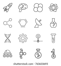 Thin line icon set : rocket, brain, atom core, molecule, hex, satellite antenna, round flask, dna, around, laser, vial, lunar rover, chemical, thermometer