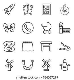Thin line icon set : rocket, alarm clock, abacus, bow, phone, baby stroller, church, curtain, stool, walnut crack, windmill, horseshoe, apron