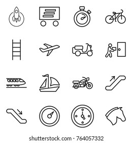 Thin line icon set : rocket, delivery, stopwatch, bike, stairs, plane, scooter shipping, courier, train, sail boat, motorcycle, escalator, barometer, watch, horse