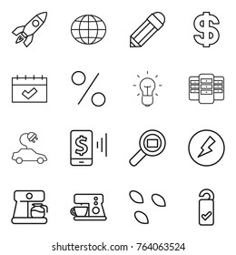 Thin line icon set : rocket, globe, pencil, dollar, calendar, percent, bulb, server, electric car, mobile pay, cargo search, electricity, coffee maker, seeds, please clean