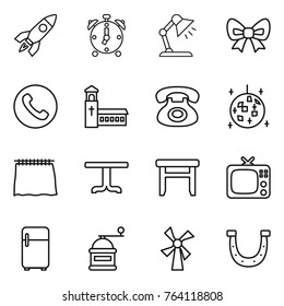 Thin line icon set : rocket, alarm clock, table lamp, bow, phone, church, disco ball, curtain, stool, tv, fridge, hand mill, windmill, horseshoe