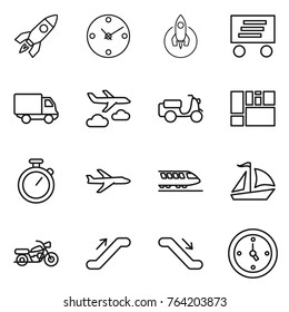 Thin line icon set : rocket, clock, delivery, journey, scooter shipping, consolidated cargo, stopwatch, plane, train, sail boat, motorcycle, escalator, watch