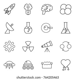 Thin line icon set : rocket, bulb brain, atom core, satellite antenna, round flask, cell corection, around, nuclear, telescope, quantum bond, ufo, lunar rover, electrostatic, cardio chip