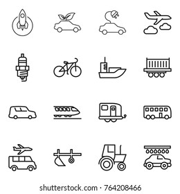Thin line icon set : rocket, eco car, electric, journey, spark plug, bike, sea shipping, truck, train, trailer, bus, transfer, plow, tractor, wash