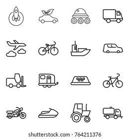 Thin line icon set : rocket, eco car, lunar rover, delivery, journey, bike, sea shipping, fork loader, trailer, taxi, motorcycle, jet ski, tractor, sweeper
