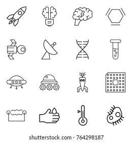 Thin line icon set : rocket, bulb brain, hex molecule, satellite, antenna, dna, vial, ufo, lunar rover, modify, cpu, electrostatic, acid, thermometer, microb