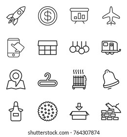 Thin line icon set : rocket, dollar, presentation, plane, touch, market, sale, trailer, map, hanger, radiator, bell, apron, cookies, package, construct garbage