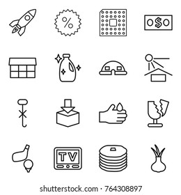 Thin line icon set : rocket, percent, cpu, money, market, cleanser, dome house, sun potection, do not hook sign, package, acid, broken, golf, tv, pancakes, onion