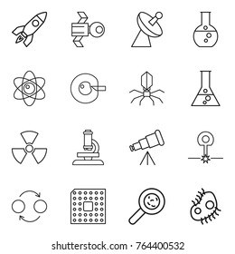 Thin line icon set : rocket, satellite, antenna, round flask, atom, cell corection, virus, nuclear, microscope, telescope, laser, quantum bond, cpu, viruses, microb
