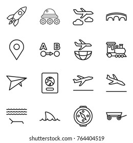Thin line icon set : rocket, lunar rover, journey, bridge, geo pin, route a to b, plane shipping, train, deltaplane, passport, departure, arrival, lounger, shark flipper, compass, trailer