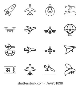 Thin line icon set : rocket, plane, weather management, drone, parachute delivery, shipping, deltaplane, ticket, airplane, arrival, wasp
